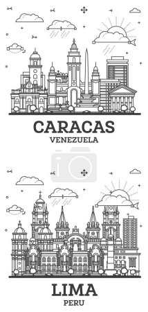 Téléchargez les photos : Outline Lima Peru and Caracas Venezuela City Skyline Set with Modern and Historic Buildings Isolated on White. Cityscape with Landmarks. - en image libre de droit