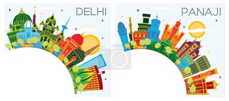 Foto de Panaji y Delhi India City Skyline Set con edificios a color, cielo azul y espacio de copia. Concepto de Turismo con Arquitectura Histórica. Paisaje urbano con puntos de referencia. - Imagen libre de derechos