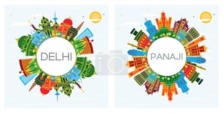 Téléchargez les photos : Panaji et Delhi India City Skyline Set avec bâtiments de couleur, ciel bleu et espace de copie. Concept touristique avec architecture historique. Paysage urbain avec des monuments. - en image libre de droit