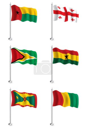 Photo for Guyana, Georgia, Ghana, Grenada, Guinea and Guinea-Bissau Flags Set. Isolated Realistic Wave Flags. Country on Flagpole. - Royalty Free Image