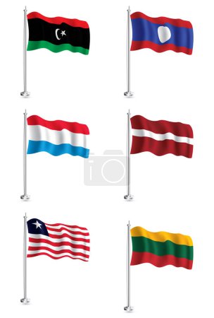 Foto de Banderas de Luxemburgo, Laos, Letonia, Liberia, Lituania y Libia. Bandera de onda realista aislada en asta de bandera. - Imagen libre de derechos