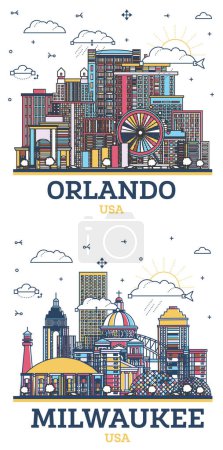Foto de Esquema Milwaukee Wisconsin y Orlando Florida City Skyline Set con edificios modernos e históricos de colores aislados en blanco. Paisaje urbano con puntos de referencia. - Imagen libre de derechos