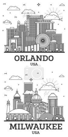 Foto de Esquema Milwaukee Wisconsin y Orlando Florida City Skyline Set con edificios modernos e históricos aislados en blanco. Paisaje urbano con puntos de referencia. - Imagen libre de derechos