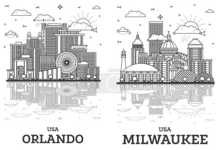 Foto de Esquema Milwaukee Wisconsin y Orlando Florida City Skyline Set con edificios modernos y reflexiones aisladas en blanco. Paisaje urbano con puntos de referencia. - Imagen libre de derechos