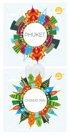 Téléchargez les photos : Chiang Mai et Phuket Thailand City Skyline Set avec bâtiments de couleur, ciel bleu et espace de copie. Business Travel and Tourism Concept with Modern Architecture. Paysage urbain avec des monuments. - en image libre de droit