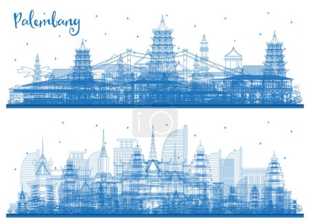 Photo for Outline Phnom Penh Cambodia and Palembang Indonesia City Skyline Set with Blue Buildings. Concept with Historic Architecture. Cityscape with Landmarks. - Royalty Free Image