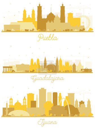Guadalajara, Tijuana y Puebla Ciudad de México Skyline Silhouette Set con Edificios Dorados Aislados en Blanco. Paisaje urbano con puntos de referencia.