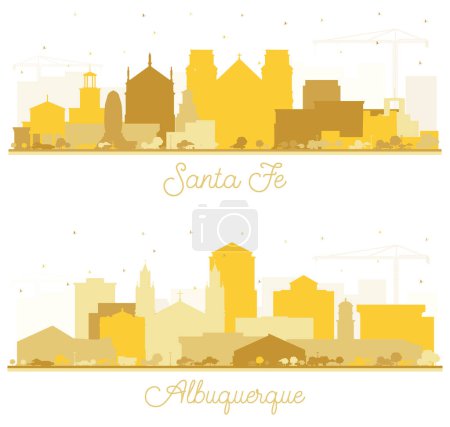 Téléchargez les photos : Albuquerque et Santa Fe New Mexico City Skyline Silhouette Set avec des bâtiments dorés isolés sur blanc. Paysage urbain avec des monuments. Concept de voyage et de tourisme avec architecture moderne. - en image libre de droit