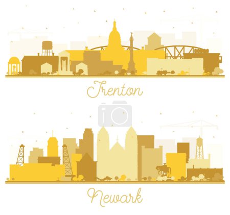 Téléchargez les photos : Ensemble de silhouettes Newark et Trenton New Jersey City Skyline avec bâtiments dorés isolés sur blanc. Paysage urbain avec des monuments. - en image libre de droit