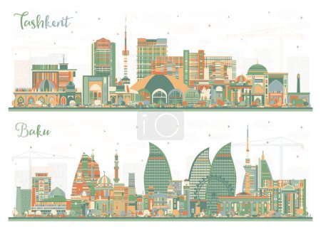 Téléchargez les photos : Bakou Azerbaïdjan et Tachkent Ouzbékistan City Skyline Set with Color Buildings. Paysage urbain avec des monuments. Voyages d'affaires et tourisme Concept avec architecture historique. - en image libre de droit