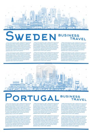 Photo for Portugal and Sweden. Outline City Skyline Set with Blue Buildings and Copy Space. Cityscape with Landmarks. Stockholm. Uppsala. Malmo. Gothenburg. Porto and Lisbon. - Royalty Free Image