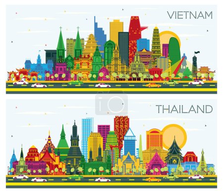 Téléchargez les photos : Thaïlande et Vietnam City Skyline Set avec bâtiments de couleur et ciel bleu. Paysage urbain avec des monuments. Hanoi. Ho Chi Minh. Haiphong. Da Nang. - en image libre de droit