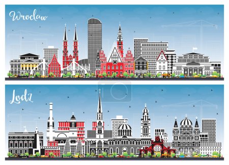 Téléchargez les photos : Lodz and Wroclaw Poland City Skyline Set with Color Buildings and Blue Sky. Paysage urbain avec des monuments. Voyages d'affaires et tourisme Concept avec architecture historique - en image libre de droit