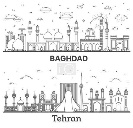 Téléchargez les photos : Aperçu Téhéran Iran et Bagdad Iraq City Skyline Set with Historic Buildings Isolated on White. Paysage urbain avec des monuments. - en image libre de droit