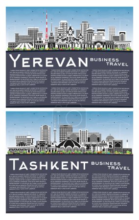 Foto de Tashkent Uzbekistán y Ereván Armenia City Skyline Set con edificios a color, cielo azul y espacio de copia. Paisaje urbano con hitos. Concepto de viajes de negocios y turismo con arquitectura histórica. - Imagen libre de derechos