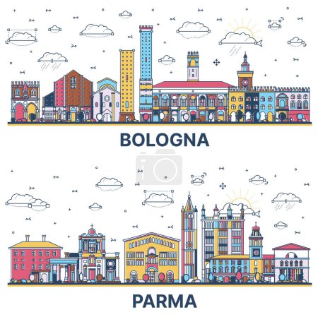 Téléchargez les photos : Aperçu Parme et Bologne Italie City Skyline Set avec des bâtiments historiques colorés isolés sur blanc. Paysage urbain avec des monuments. - en image libre de droit