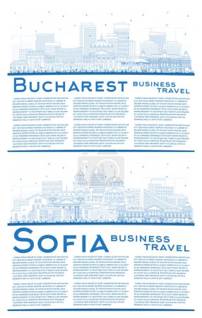 Foto de Esquema Sofía Bulgaria y Bucarest Rumania City Skyline Set con edificios azules y espacio de copia. Paisaje urbano con puntos de referencia. - Imagen libre de derechos