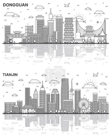 Téléchargez les photos : Aperçu Tianjin et Dongguan China City Skyline Set avec des bâtiments modernes et des reflets isolés sur blanc. Paysage urbain avec des monuments. - en image libre de droit