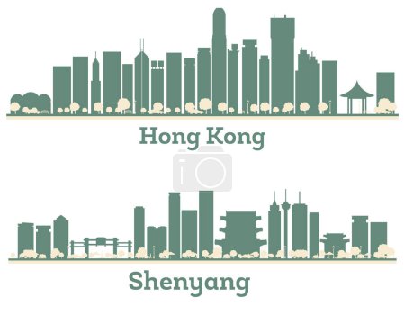 Téléchargez les photos : Shenyang et Hong Kong Chine silhouette d'horizon de la ville sertie de bâtiments de couleur. Paysage urbain avec des monuments. - en image libre de droit