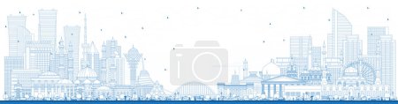 Téléchargez les photos : Outline Welcome to Kazakhstan. City Skyline with Blue Buildings. Vector Illustration. Concept with Modern Architecture. Kazakhstan Cityscape with Landmarks. Nur-Sultan and Almaty. - en image libre de droit