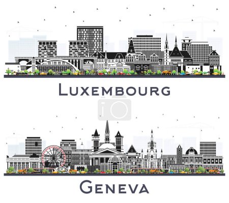 Téléchargez les photos : Genève Suisse et Luxembourg City Skyline Set avec bâtiments de couleur isolés sur blanc. Paysage urbain avec des monuments. Voyages d'affaires et tourisme Concept avec architecture historique. - en image libre de droit