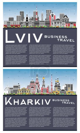 Téléchargez les photos : Kharkiv and Lviv City Skyline Set with Color Buildings, Blue Sky and Copy Space. Paysage urbain avec des monuments. Voyages d'affaires et tourisme Concept avec architecture historique. - en image libre de droit