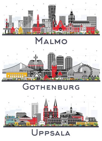 Foto de Gotemburgo, Upsala y Malmo Suecia City Skyline Set con edificios de color aislados en blanco. Paisaje urbano con puntos de referencia. - Imagen libre de derechos