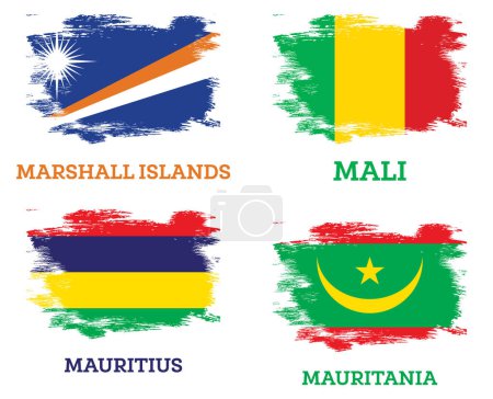 Photo for Mauritius, Mali, Mauritania and Marshall Islands Flags Set with Brush Strokes. Independence Day. - Royalty Free Image