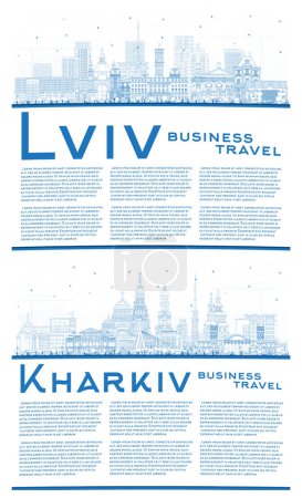 Photo for Outline Kharkiv and Lviv City Skyline Set with Blue Buildings and Copy Space. Cityscape with Landmarks. Business Travel and Tourism Concept with Historic Architecture. - Royalty Free Image
