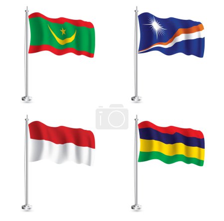 Foto de Juego de banderas de Mónaco, Islas Marshall, Mauricio y Mauritania. Bandera de onda realista aislada en asta de bandera. Ilustración. - Imagen libre de derechos