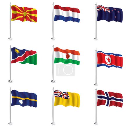 Foto de Namibia, Nauru, Países Bajos, Nueva Zelanda, Níger, Niue, Corea del Norte, Noruega y Macedonia del Norte conjunto de banderas. Bandera de onda realista aislada en asta de bandera. Ilustración. - Imagen libre de derechos