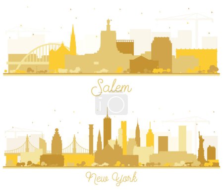 Photo for New York and Salem Oregon City Skyline Silhouette Set with Golden Buildings Isolated on White. Cityscape with Landmarks. - Royalty Free Image
