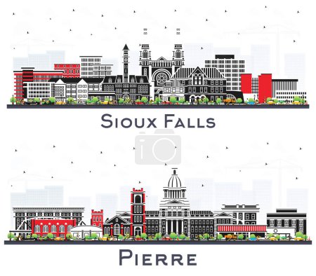 Foto de Pierre y Sioux Falls South Dakota City Skyline Set con edificios de color aislados en blanco. Paisaje urbano con hitos. Concepto de viajes y turismo con arquitectura moderna. - Imagen libre de derechos