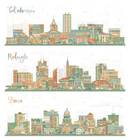 Téléchargez les photos : Raleigh Caroline du Nord, Boise Idaho et Tallahassee Florida City Skyline Set with Color Buildings. Paysage urbain avec des monuments. - en image libre de droit