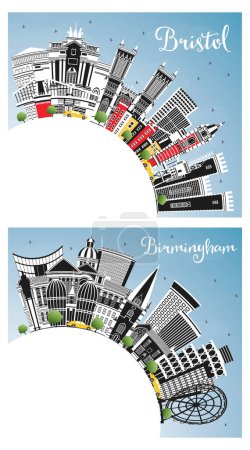 Photo for Birmingham and Bristol UK City Skyline Set with Color Buildings, Blue Sky and Copy Space. Cityscape with Landmarks. - Royalty Free Image