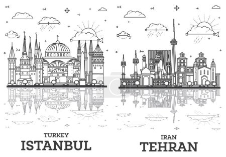 Photo for Outline Tehran Iran and Istanbul Turkey City Skyline set with Historic Buildings and Reflections Isolated on White. Cityscape with Landmarks. - Royalty Free Image