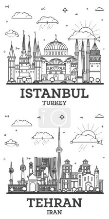 Téléchargez les photos : Décrivez Téhéran Iran et Istanbul Turquie City Skyline avec des bâtiments historiques isolés sur blanc. Paysage urbain avec des monuments. - en image libre de droit