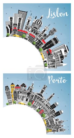 Téléchargez les photos : Lisbonne et Porto Portugal City Skyline avec bâtiments couleur, ciel bleu et espace de copie. Paysage urbain avec des monuments. - en image libre de droit