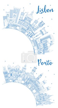 Photo for Outline Porto and Lisbon Portugal City Skyline set with Blue Buildings and Copy Space. Cityscape with Landmarks. - Royalty Free Image