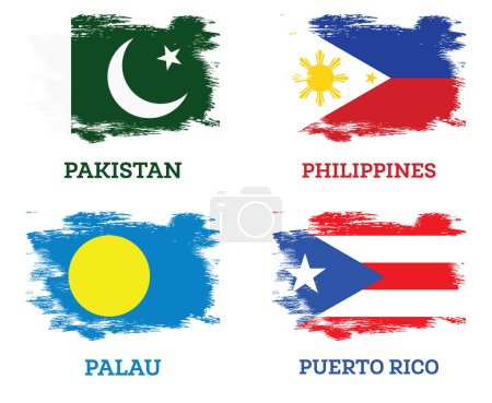 Photo for Puerto Rico, Philippines, Palau and Pakistan Flags set with Brush Strokes. Independence Day. - Royalty Free Image