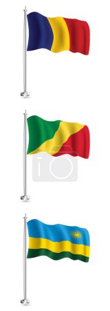 Foto de Conjunto de banderas de la República del Congo, Ruanda y Rumanía. Bandera de ola realista aislada de Rumania País en asta de bandera. - Imagen libre de derechos
