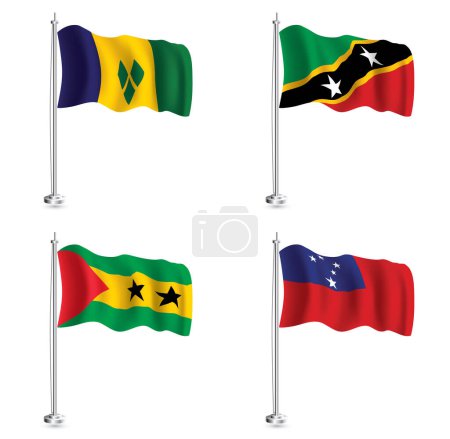 Téléchargez les photos : Drapeaux de Sao Tomé-et-Principe, Saint-Kitts-et-Nevis, Samoa et Saint-Vincent-et-les-Grenadines. Drapeau de vague réaliste isolé sur Flagpole. - en image libre de droit