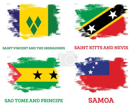 Foto de Santo Tomé y Príncipe, San Cristóbal y Nieves, Samoa y San Vicente y las Granadinas Banderas con pinceladas. Día de la Independencia. - Imagen libre de derechos