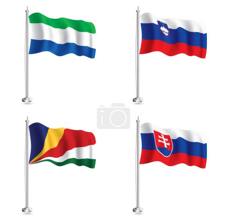 Photo for Seychelles, Slovakian, Slovenian and Sierra Leone flags set. Isolated Realistic Wave Flag on Flagpole. - Royalty Free Image