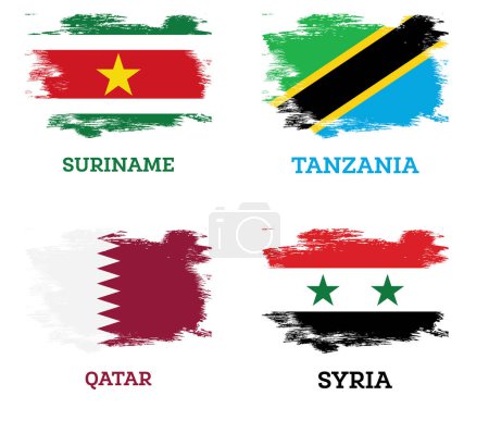 Foto de Banderas de Tanzania, Qatar, Siria y Surinam con pinceladas. Día de la Independencia. Aislado sobre blanco. - Imagen libre de derechos