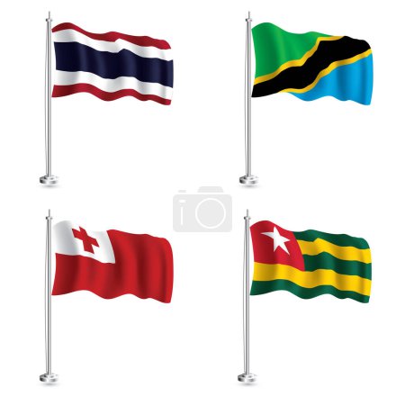 Foto de Banderas de Tonga, Tanzania, Togo y Tailandia. Banderas de onda realistas aisladas en los asta de bandera. - Imagen libre de derechos