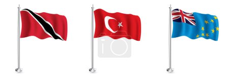 Foto de Set de Bandera Turca, Tuvalu y Trinidad y Tobago. Bandera de onda realista aislada en asta de bandera. - Imagen libre de derechos