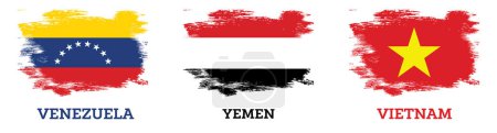 Téléchargez les photos : Drapeaux du Yémen, du Vietnam et du Venezuela sertis de coups de pinceau. Jour de l'indépendance. Isolé sur blanc. - en image libre de droit