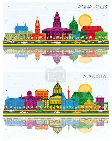Téléchargez les photos : Augusta Maine et Annapolis Maryland City Skyline ensemble avec bâtiments de couleur, ciel bleu et réflexions. Paysage urbain avec des monuments. - en image libre de droit