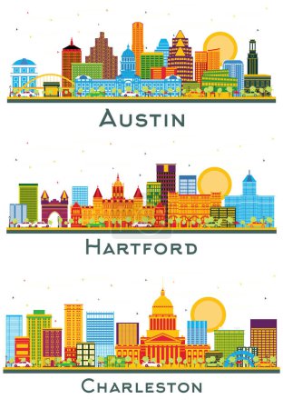 Photo for Hartford Connecticut, Charleston West Virginia and Austin Texas city Skyline set with Color Buildings isolated on white. - Royalty Free Image
